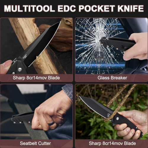 Image of AUBEY Pocket Knife, 8Cr14Mov Steel Blade 3.54 inch, Multitool Folding Knife HYG | Glass Breaker, Seat Belt Cutter, G10 Handle, Gift for EDC, Outdoor, Survival, Camping, Hiking, Outdoor Use & Road Trips