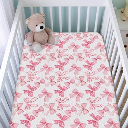Image of Pink Valentine's Bows Fitted Crib Sheets for Girl 52 inchx28 inch Girly Pink Hair Bows Crib Mattress Covers Soft Breathable Valentine Hearts Love Baby Sheets for Standard Crib and Toddler Mattresses Pink