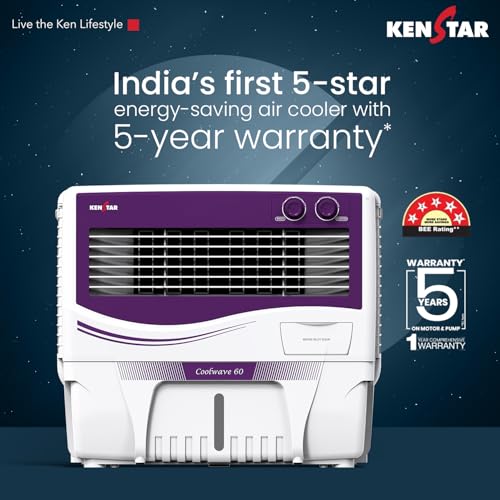 Image of Kenstar COOLWAVE 60 L Air Cooler with Woodwool Cooling Media |5-star BEE Rating | 200 W|Purple & White