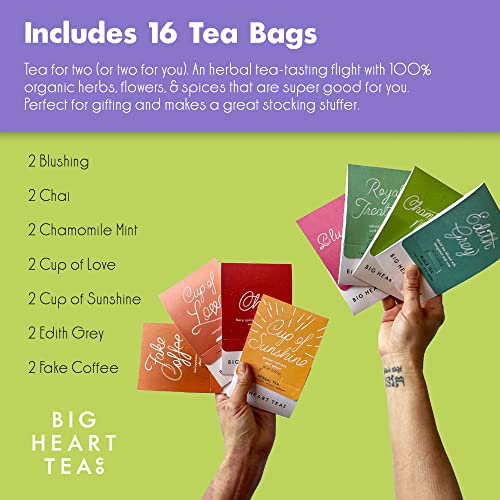 Big Heart Tea Co. Tea Bags Sampler Set - Certified Organic, Ayurvedic Herbal Tea - Small Batch Ground Herbs, Florals, Spices In Zero Plastic Sachets - Healthy Tea Variety Pack - 8 Flavors, 16 Pack #TOP2