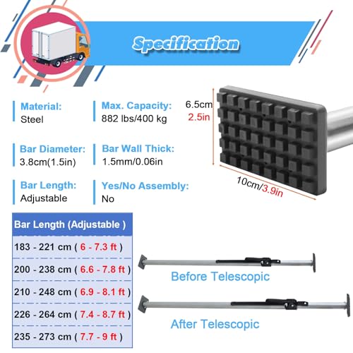 Barra di carico telescopica Resistente per pianale di Camion - Blocchi di carico Regolabili e Asta di Supporto a cricchetto (183-221 cm) con Cuscinetti Antiscivolo per rimorchi e furgoni, PE