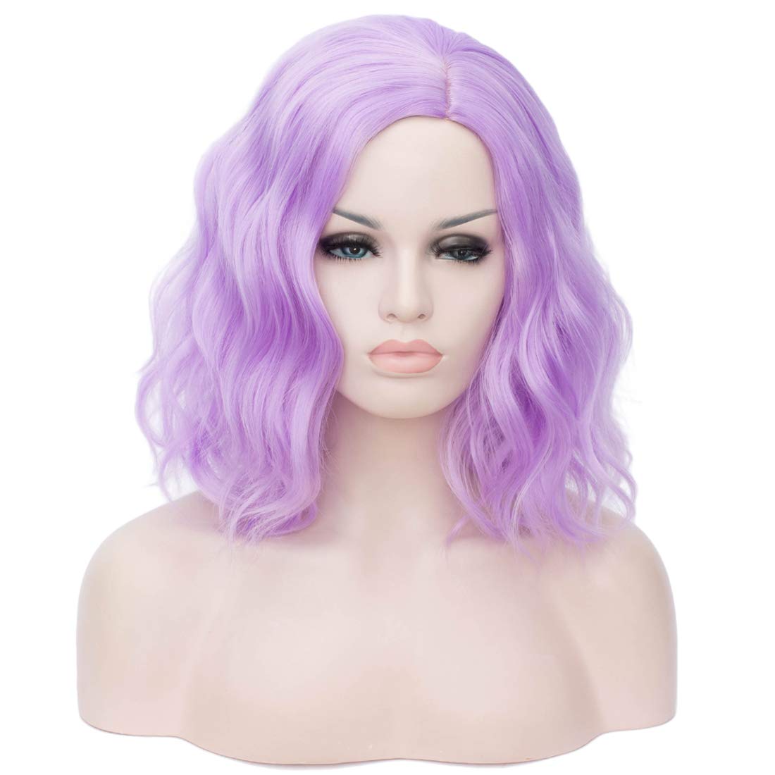 BUFASHION 14" Women Short Light Purple Wavy Curly Bob Wig Heat Resistant Synthetic Wig Halloween Cosplay Daily Party Wigs Include Wig Cap (Light