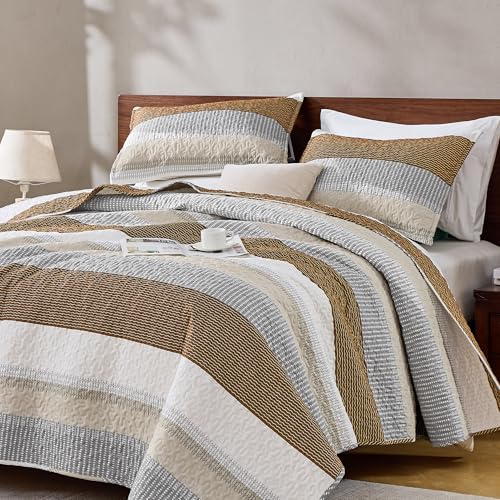 Image of Andency King Size Quilt Set Caramel Brown, 3 Pieces Summer Ultra Soft Lightweight Bedspreads & Coverlets Set, Patchwork Striped Quilted Bedding Sets for All Seasons (1 Quilt, 2 Pillow Shams)