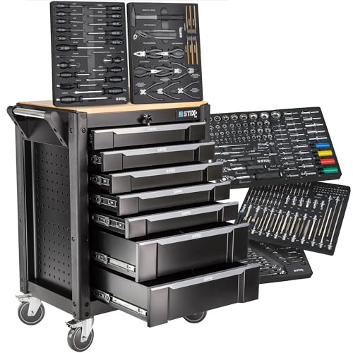 STIX Servante Atelier UltimatePro C7/TS1 – Chariot à Outils avec 267 Pièces CR-V, 7 Tiroirs, Plateau Bois, Roues Freinées, Verrouillage Central,...