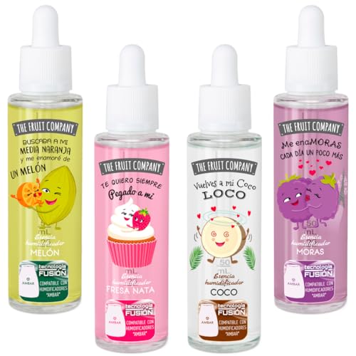 The Fruit Company Pack 4 uds de 50ml Esencia Hidrosoluble Coco, Moras, Melón y Fresa Nata Aromaterapia Humidificador Para el Hogar