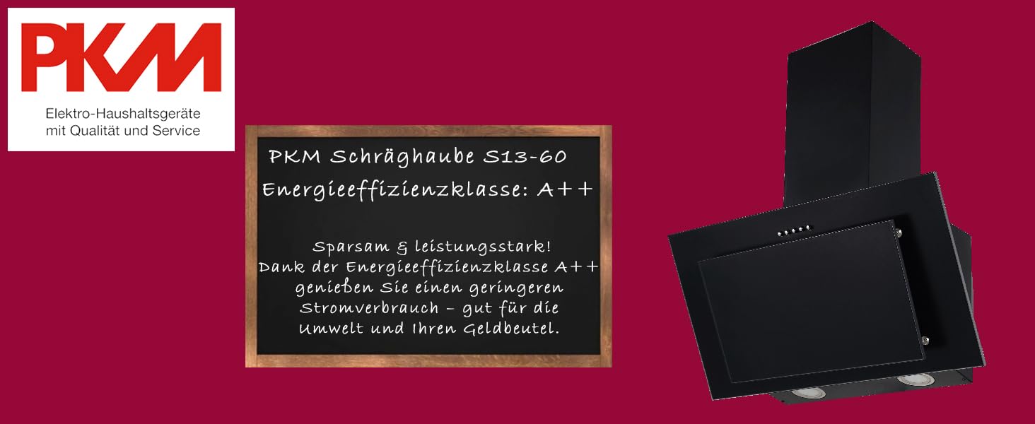 PKM Schräghaube S13-60A++BBPY | Kopffreihaube | Dunstabzugshaube | 60cm Breite | matt schwarz | 3 Leistungsstufen | Abluft | Umluft | Energieklasse: A++
