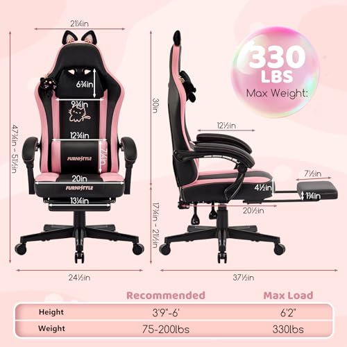 Image of Gaming Chair with Footrest, Comfy Girly Video Game Chairs with Cat Ears Pocket Spring Cushion Massage Lumbar Support & Headrest, Ringing Accessories Cute Leather Ergonomic Computer Chair, Black /Pink