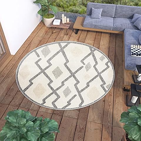 TAPISO Viera Round Area Rug Indoor Outdoor Terrace Balcony Sisal Modern Beige Grey ZigZag Durable Carpet Size Cover