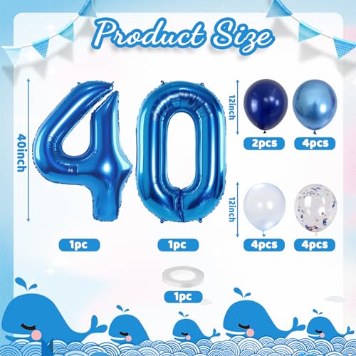 Image of Large Foil Number 40 Balloons, Big Light Navy Blue 40 Helium Balloon with Metallic Silver Confetti Balloon for Men 40th Birthday Party Decor, Mylar Self Inflating 40 Balloon for Graduation Decorations