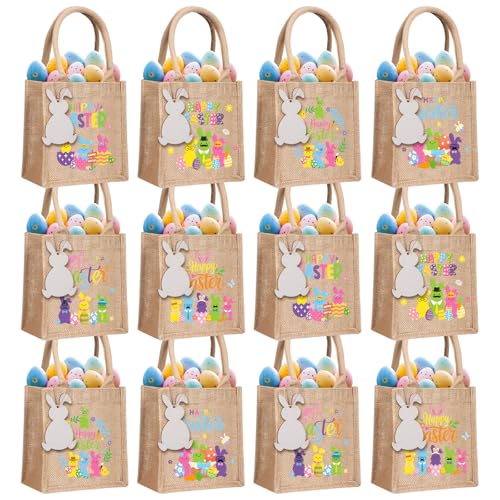 Blosssound 12 Pcs Easter Burlap Bags with Tags Easter Bunny Gifts Bags with Handles Jute Basket Goody Bag Burlap Cute Bunny Basket Tote Bag 7.9 x 7.9 x 4.3 Inch