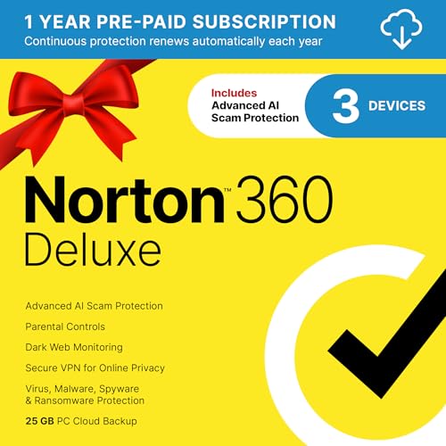 Norton 360 Deluxe 2026 Ready, Antivirus software for 3 Devices with Auto-Renewal – Includes Advanced AI Scam Protection, VPN, Dark Web Monitoring & PC Cloud Backup [Download]