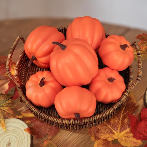 Image of Ghrdopy Fake Pumpkins, 7 Pcs Orange Artificial Pumpkins, Plastic Pumpkins for Thanksgiving Party Table Centerpiece Autumn Home Decoration-A