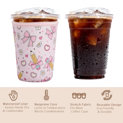 Image of Reusable Insulated Sleeve for Iced Coffee Cup, Coffee Neoprene Sleeve for Cold & Hot Drinks, Beverage Holder for Iced Coffee (Pencil Bows, Large: 32oz)