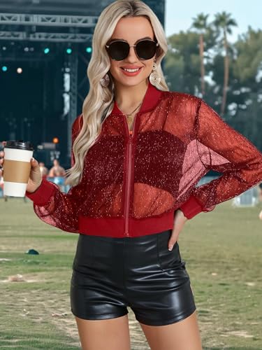 Nlife Women Sheer Mesh Sparkly Crop Bomber Jacket See Thru Glitter Rave Festival Clubwear Night Out Party Concert Outfit