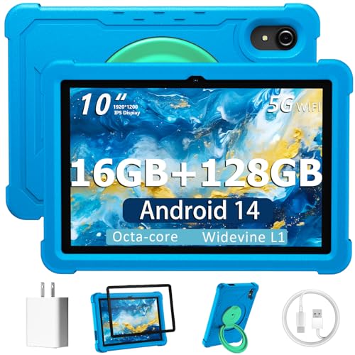 HUIHUANG Tablet 10 Inch Android 14 Tablet, 16GB RAM 128GB ROM, 1TB Expansion, Octa-core, Large Capacity Battery, 5MP + 8MP Dual Camera, 5G/2.4G WiFi, Bluetooth 5.0, GPS, Drop-Proof Case (Blue)