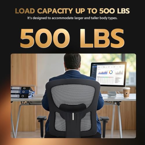 BestOffice Big & Tall Office Chair, 500 lb Capacity Mesh Desk Seating with Lumbar Support, Wide Seat, Adjustable Arms, Rolling Swivel High-Back Ergonomic Executive Task Model for Home Office, Grey by BestOffice - Used condition - Image 2