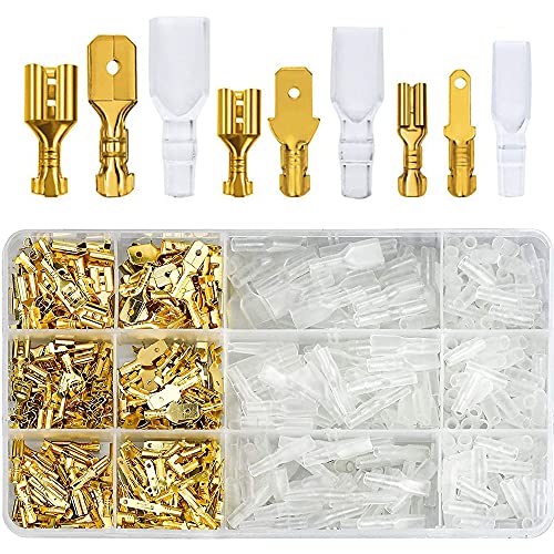 Kabelschuhe Set, THETAG 480 Stück Flachsteckhülsen Flachstecker Quetschverbinder Anschlussklemmen Kits Kabelsteckschuhe Kit 2,8 mm 4,8 mm 6,3 mm (Gold) Cover