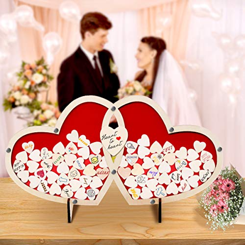 Ulifeme Hochzeit Gästebuch Holz, Alternatives Gästebuch zum Hochzeit mit 80 Stück 30mm Klein Holzherzen, 2 Stück 80mm Mitte Hölzerne Herzen und 1 Stück Kreidestift Schwarz Cover