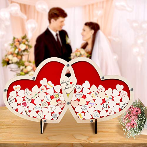 Ulifeme Guestbook Matrimonio Legno Cuore, Guest Book Matrimonio Cornice Alternativo con 80 Pezzi 30mm Piccoli Cuori di Legno, 2 Pezzi 80mm Cuori di Legno Centrali e 1 Pezzo di Gesso Nero