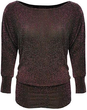 Ladies Plus Size Round Neck Lurex Sparkle Batwing Top Long Sleeve Party Womens Glitter Batwing Loose Top UK Size 14-28 Red
