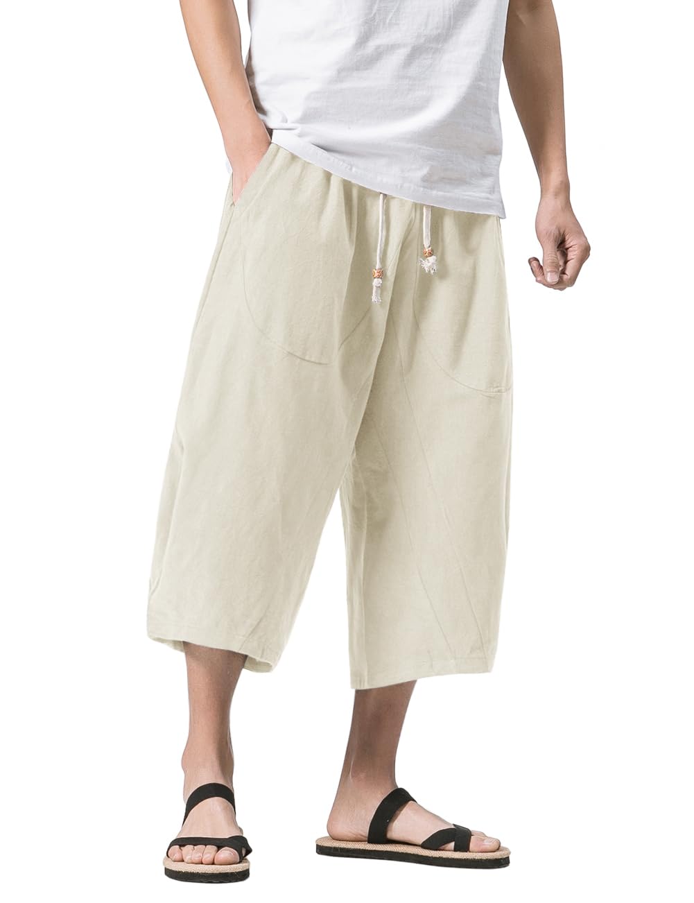 Men's Linen Capri Pants Elastic Waist Wide Leg Baggy Harem Pants