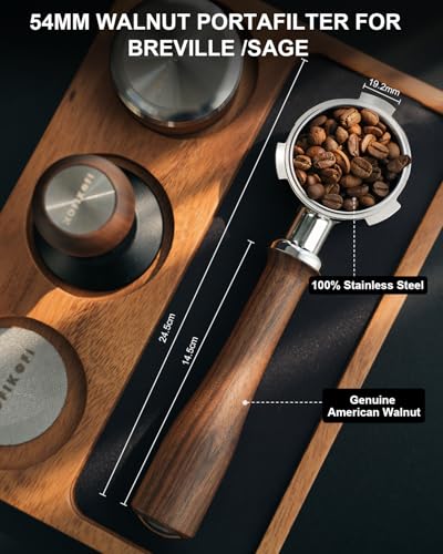 Image of Bottomless Portafilter 54mm for Breville Barista Express /Pro /Touch Walnut | Fits Breville 54mm Barista Express /Pro /Touch. Handcrafted American walnut handle. Bottomless for rich crema & shot monitoring