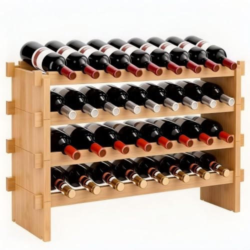 VASMIA Botellero de Bambú Apilable, Independiente para 36 Botellas, sin Montaje, 4 Niveles, para Cocina, Bar, Comedor, Sótano, Natural