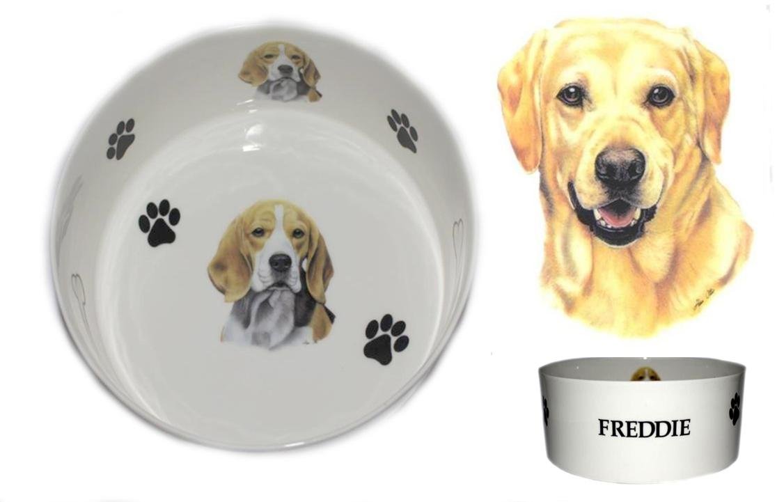 (BB39) Bone China Personalised Yellow Labrador dog food/water pet bowl decorated with PAWPRINTS AND BONES, Personalised with name of your choice- Many dog breeds available. Fun, colourful, new pet bowls.