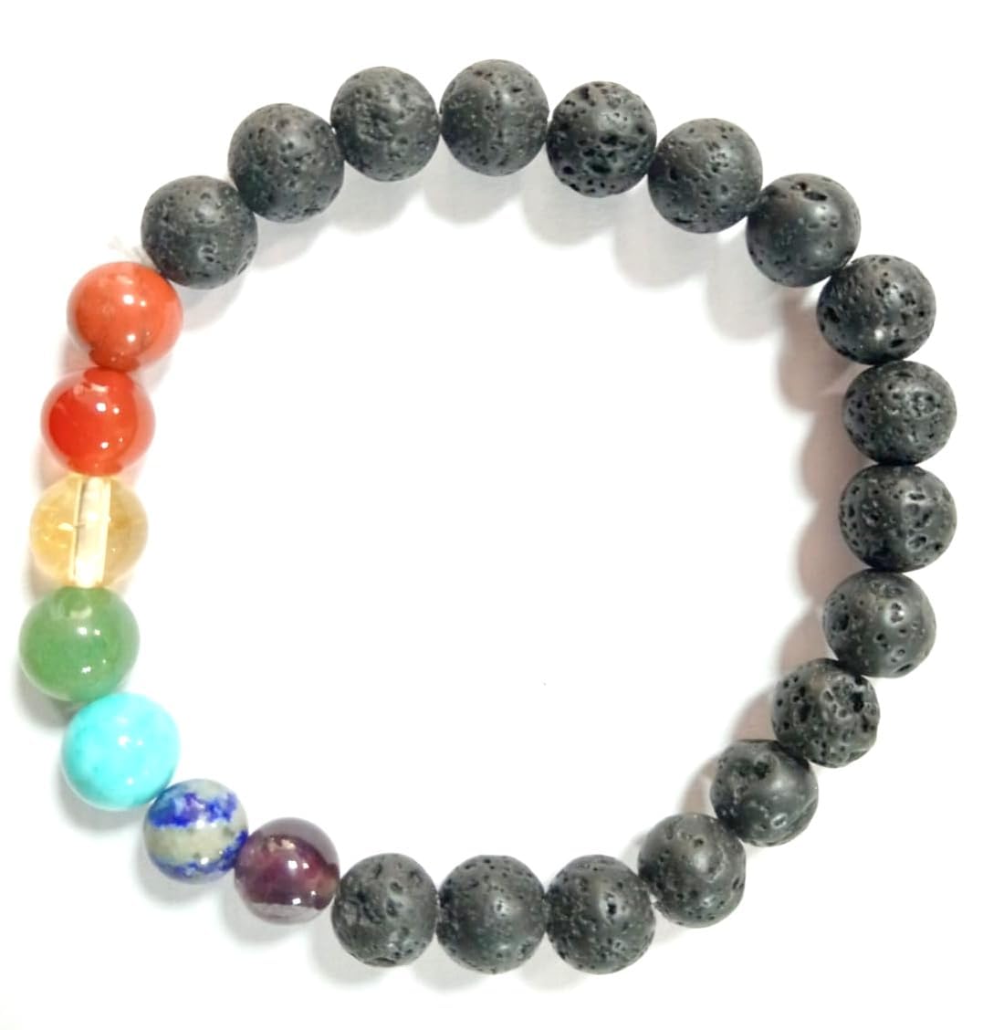 Prajet Natural Healing Crystal Combination 8mm Rounds Beads Bracelet for Health Wealth Education abundance and Good luck Bracelet for Unisex (LEB JET LAVA BEADS BRACELET)