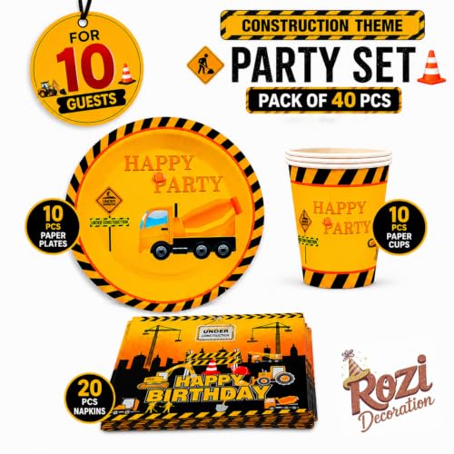 Image of Rozi Decoration Construction Theme Birthday Party Supplies Set, 40 Pieces with 10-inch Plates, 8-inch Cups and Napkins, Yellow and Black