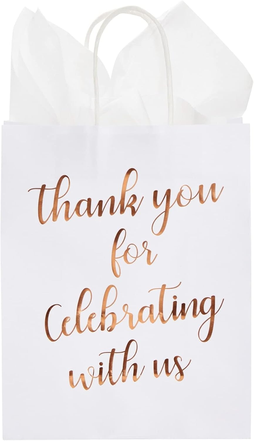 Sparkle and Bash Wedding Welcome Bags Rose Gold - 15-Pack Medium 10x8x4 in Rose Gold Foil Paper with Handles - Bridal Shower Thank You Gift Bag With Tissue Paper & Party Favor - Image 5