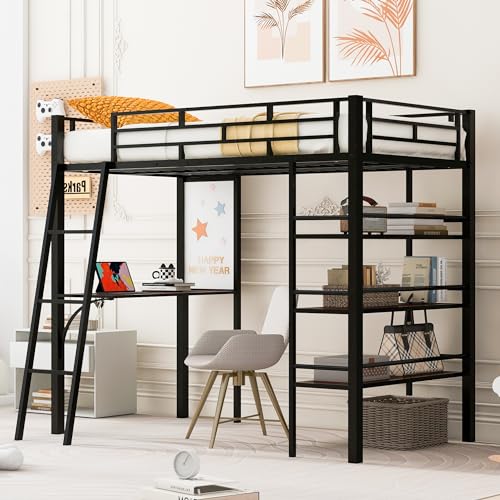 DNYN Twin Size Loft Bed with Desk & 3 Storage Shelves & Whiteboard Design,Sturdy Metal Bedframe w/Ladder & Safety Guardrails,No Box Spring Needed,Perfect for Small Space,Bedroom,Guest Room, Black