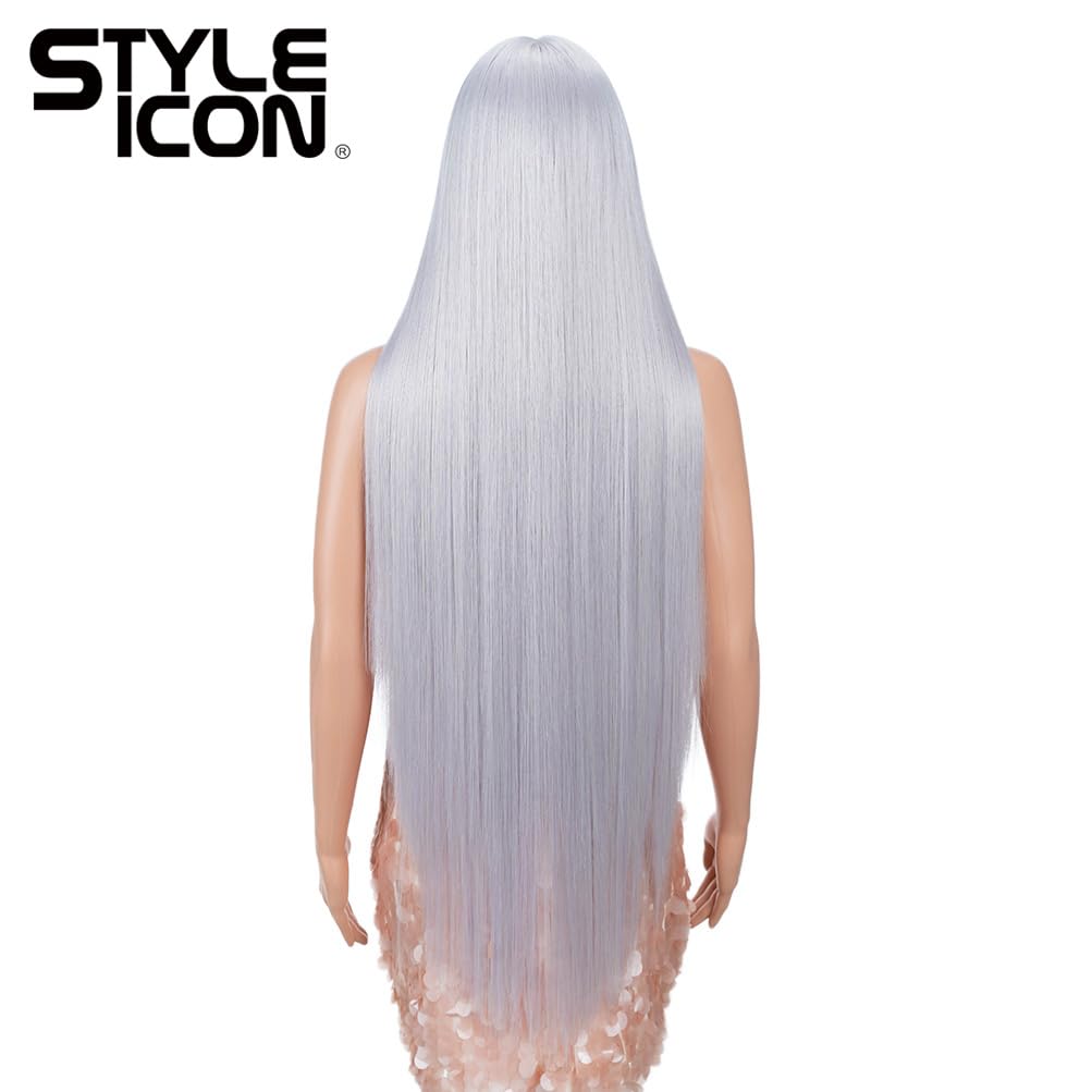 Style Icon 38" Silver Grey Wig Super Long Straight Wigs 6" Deeper Middle Part Lace Lace Front Wigs Silver Grey Long Straight Wig (38", THISTLE)