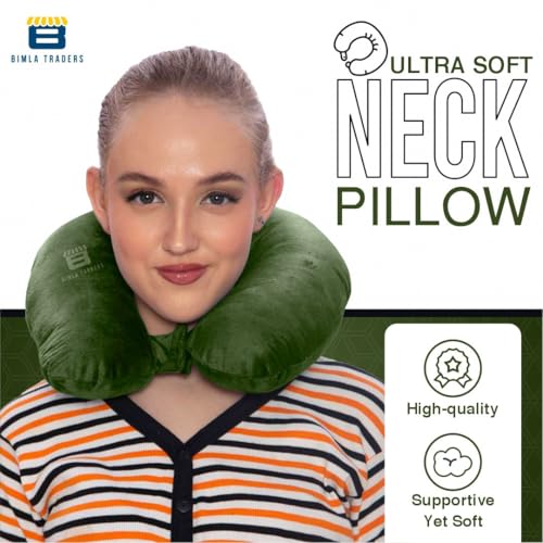 Image of CRAE Travel Neck Pillow for Men & Women | Soft Fibre Cushion for Flight, Car & Train | Soft Velvet Fabric with Attachable Snap Strap | Cervical Support for Neck Pain Relief.Pack of 1(Grass Grn)