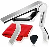 Phoenix ワンタッチ ギター カポ タスト 【 type R 】 お手入れ用 ファイバークロス 0.71㎜ ティアドロップ タイプ ピック 安心安全メーカー保証書 4点セット！フォーク エレキ クラシック アコースティック 銀 シルバー ～ SILVER ～