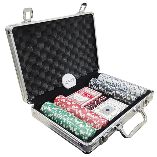 Image of GrandGlow Casino Style 200 Chips /Pcs Poker Chips Set with A Aluminum Finish Case, 2 Decks of Cards, 5 Dice, 1 Dealer Button (Classic Multiplayer Game)