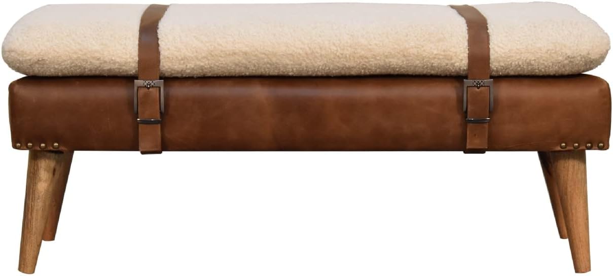 Buffalo Hide Leather Bench Chestnut - Wood Frame Upholstered Bench for Entryway Living Room Bedroom, Timeless Elegant Design with Clean Lines, Versatile Home Accent