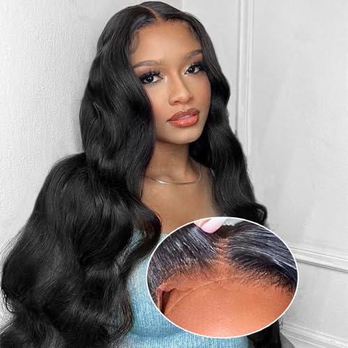 Pelucas de Cabello Humano Wear and Go   Frente de Encaje HD 4x4 Pre Cortado, Ondas Naturales, Pre Desplumado, Sin Pegamento, Línea de Pelo Natural, Color Natural, 180 Densidad (26 Pulgadas)