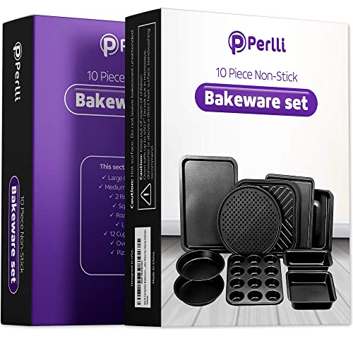 Baking Pan 10 Piece Set Nonstick Carbon Steel Gray Oven Bakeware Kitchen Set, 2 Cookie Sheets, 2 Round Cake Pans, Square Pan, Roasting Pan, Loaf Pan, Crisp Pan, Pizza Crisper, & Muffin Pan By Perlli #TOP7