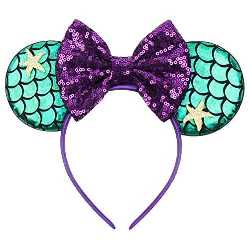 Mouse Ears Bow Headband Rainbow Mermaid Starfish Hairband Elastic Sequin Halloween Birthday Cosplay Party Decorations for Girls Women Princess Costume Photography Prop Green Purple