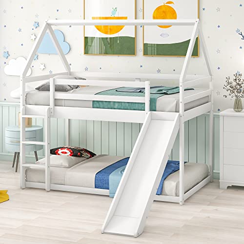 Twin Size Bunk House Bed With Convertible Slide And Ladder,Twin Over Twin Wooden Bed Frame With Guardrails For Kids Teens Girls Boys,White #TOP8