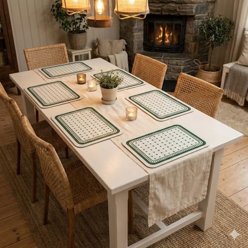 Image of YELONA Dark Green Faux Leather Dining Table Placemats - Set of 6 | Heat & Stain Resistant PU Table Mats | Easy to Clean & Durable | Perfect for Office, Conference Tables & Home Decor