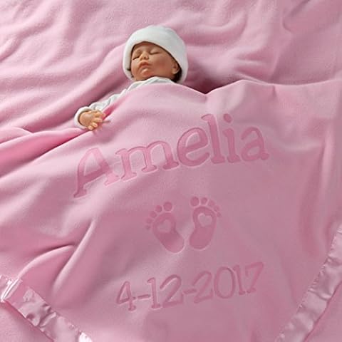 Custom Catch Personalized Newborn Gift Baby Blanket for Girl - Name with Infant Heart Feet Design - Pink or Blue (Multi-line Text) Cover