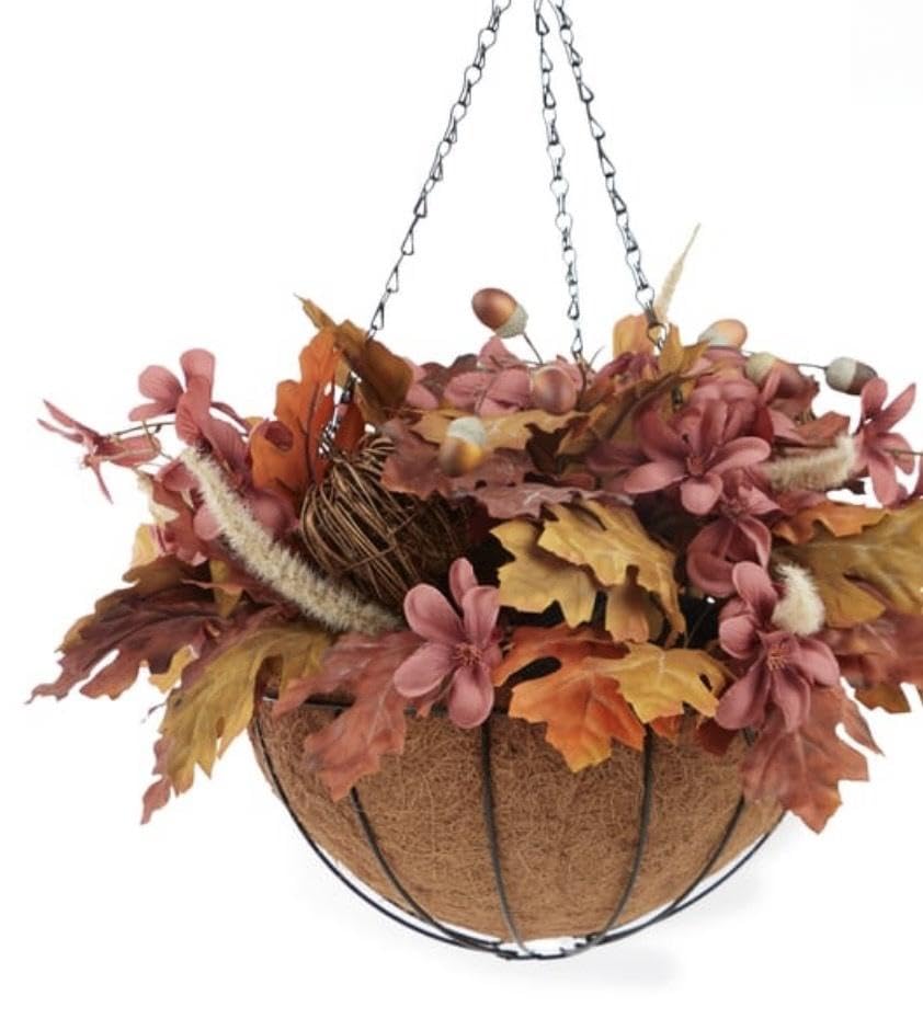 Fall Hanging Basket with Magnolia Blooms and Autumn Leaves