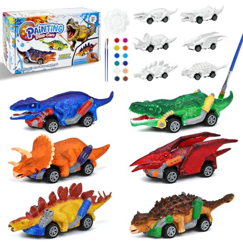 FGZU Painting Dinosaur Toy Pull Back Cars Set, Dinosaur Toys from 3 4 5 6 Years Boy Painting Kits Toy from 3-8 Years Boy Crafts for Boys Craft Kits Boy Children 3-10 Years Christmas Gifts (Style 1)