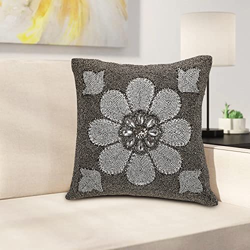 Beaded Throw Pillow Cover/Euro Sham/Cushion Sham, Super Luxury Soft Pillow Cases-Square Design 14X14 Grey Silver Multi #TOP23