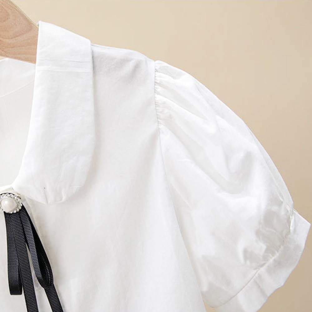 Girls White Blouse Button Down Shirts Puff Short Sleeve Princess Bowknot School Uniform Tops - Image 3