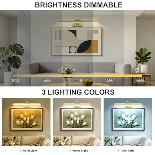 Image of Picture Light,Magnetic Wall Lights 5000mAh,16 inch Art Light for Painting,Gold | Photo Lights for Wall Rechargeable,Remote Timer and Dimmer Gallery Light,Metal Gallery Light for Portrait Display Frame