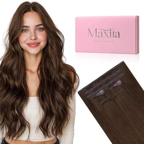 MAXITA Invisi Edge & �V�[�����X �N���b�v in Hair Extension Real Human Hair �A35.6 cm�A7pcs 110g �`���R���[�g �u���E���A100% Remy �l�уG�N�X�e���V���� �����p