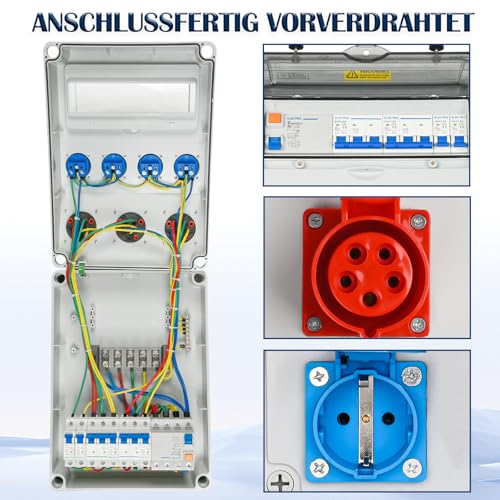 Warmfay Wandverteiler Stromverteiler Vorverkabelt, 4x 230V + 2x CEE 16A + 1x CEE 32A, Baustromverteiler mit FI-Schalter 50A und LS Schalter, IP67 Wasserdicht Gehäuse für Innen und Außen